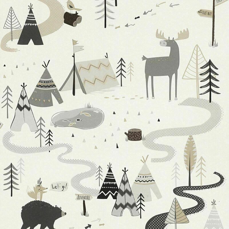 Rasch - Childrens Grey Scandi Adventure Trail Forest Camping Nursery Bedroom Wallpaper