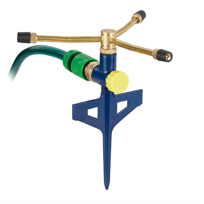 Relaxdays 3 Arm Sprinkler, 360° Watering, 11 m Range, Ground Stake, Spiral Spray, Metal, 24.5 x 23 x 20 cm, Gold/Blue