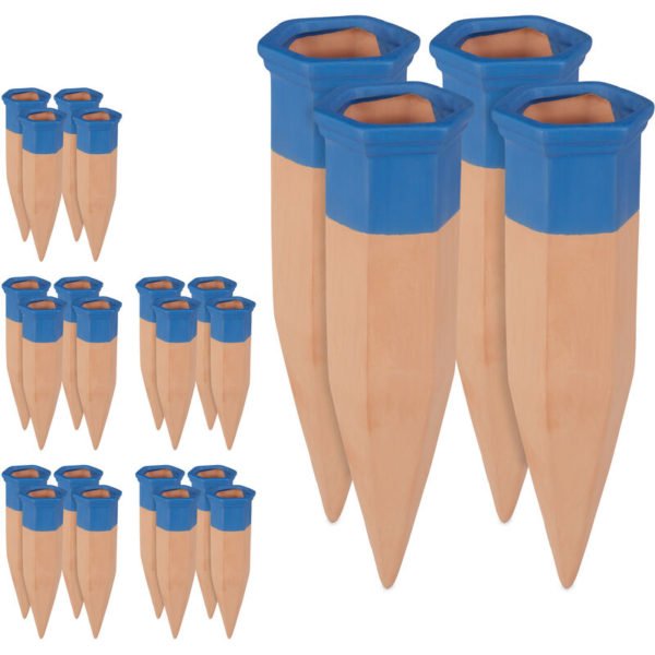 Relaxdays - Clay Watering Cones, Set of 24, Plant Irrigation Kit, 1.5 l Bottles, 19 cm Long, Terracotta/Blue