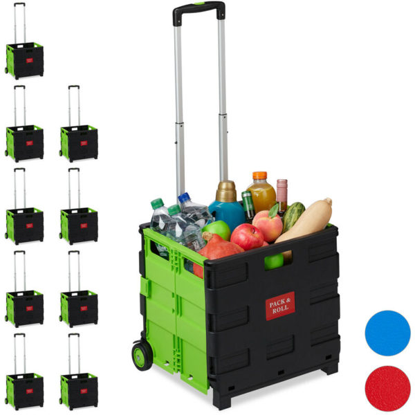 Relaxdays - Set of 10 Folding Shopping Trolley, Telescopic Handle, 2 Rubber Wheels, Transport Cart, Aluminium, Green