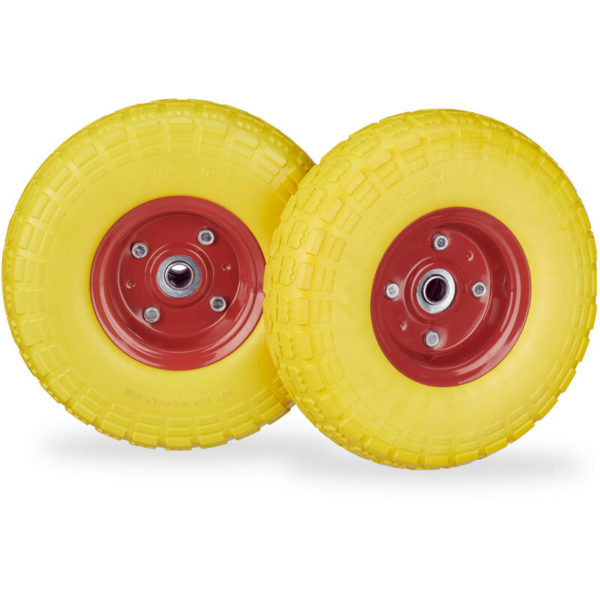 Relaxdays Set of 2 Wheelbarrow Tyres, Puncture-Proof Solid Rubber, 4.1/3.5-4, 16 mm Axle, Spare Wheel, Yellow/Red