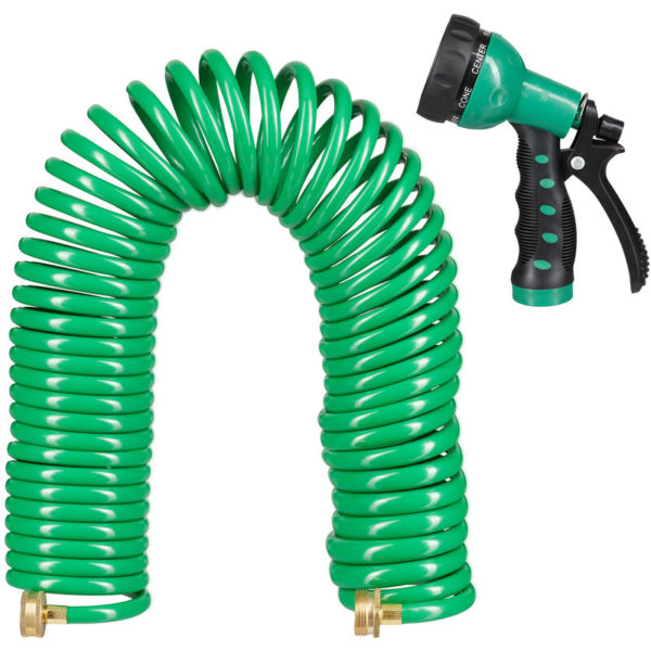 Relaxdays Spiral Hose, with Spray Head, Extends up to 20 m, Flexible Coil Hosepipe, 7 Settings, Patio & Garden, Green