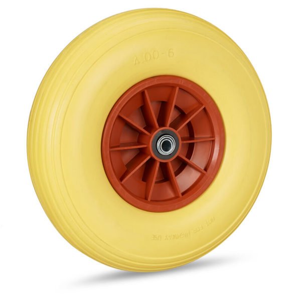 Relaxdays Wheelbarrow Wheel 4.00-6, Solid Rubber with Plastic Rim, 3 Adaptors, Flatproof Spare Tyre, 136 kg, Yellow-Red