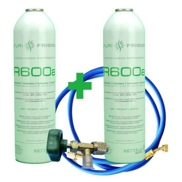 Reporshop - 2 Refrigerant gas bottles R600 + hose + 420gr isobutane valve