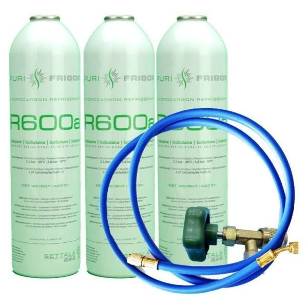 Reporshop - 3 R600 refrigerant gas bottles + hose + 420gr isobutane valve