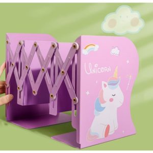 Retractable Book Holders, Adjustable Bookends, Metal Bookends for Kids, Telescopic Desk Organizer for Home Office School Library (XL-Purple Unicorn)