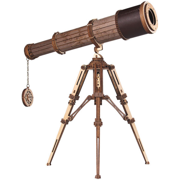 Retro 3D Wooden Telescope Puzzle Kit Portable Telescope Model Educational Toy with 3X Magnification Detachable Tripod Stand for Kids