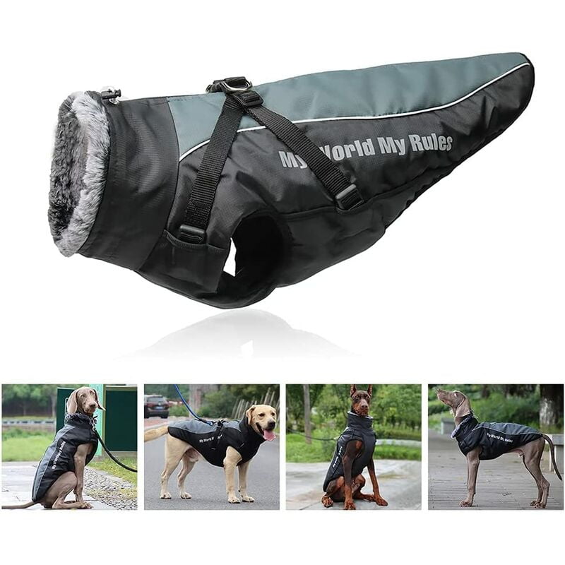 Reversible Reflective Plush Dog Coat with Detachable Harness and Choke-Free Fold-Over Fur Collar, Comfortable Clothes for Medium Large Dogs 4XL