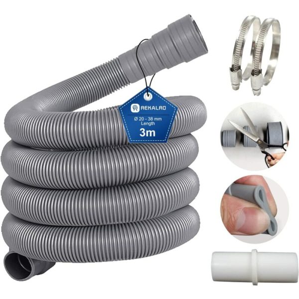 Rhafayre - 3m washing machine hose dirty water drain hose with drain hose connection and 2 clamps 20mm drain hose extension for washing machine