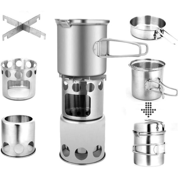 Rhafayre - Camping Pot Set Outdoor Portable Stainless Steel Camping Pot Set Camping Walking Pot with Wood Stove