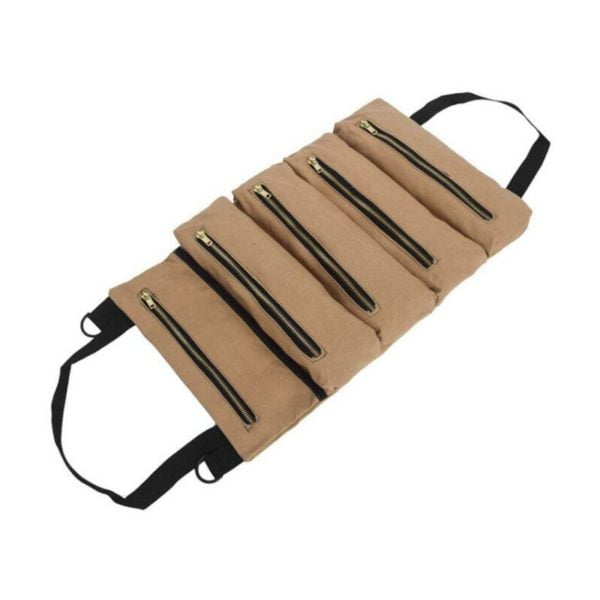 Roll-up tool bag with 5 multi-function canvas zipper pockets