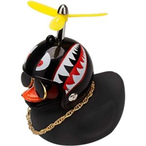 Rubber Duck Toy Car Ornaments Little Black Duck Wearing Helmet Car Dashboard Decorations with Propeller Helmet