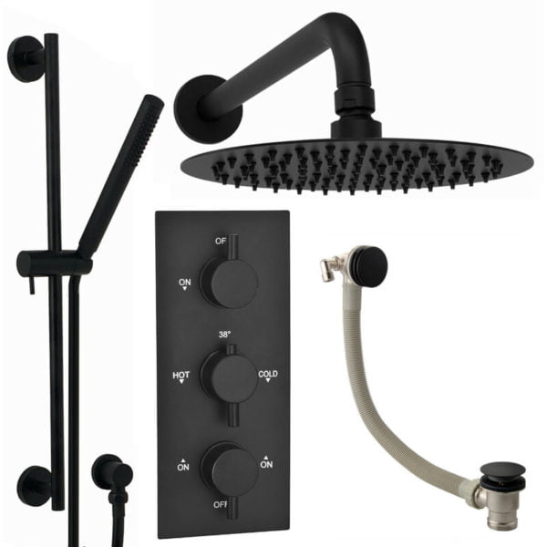 SH0477 Venice Contemporary Round Concealed Thermostatic Shower Set Incl Triple Diverter Valve, Wall Fixed 8' Shower Head, Slider Rail Kit, Bath