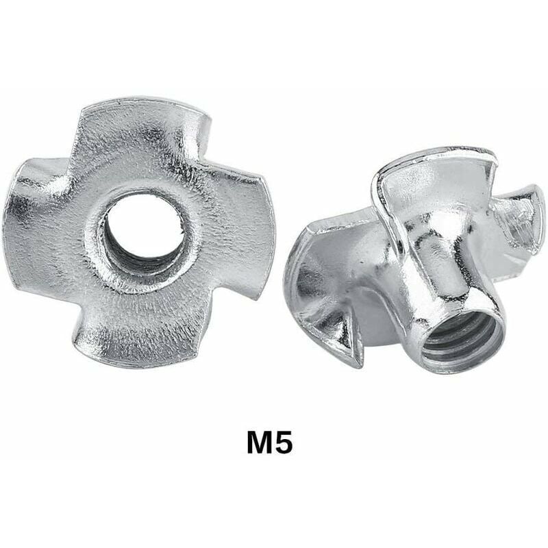 Self-Locking T-Nuts 4 Claws Zinc Plated Steel for Woodworking Furniture (M5 x 50pcs)