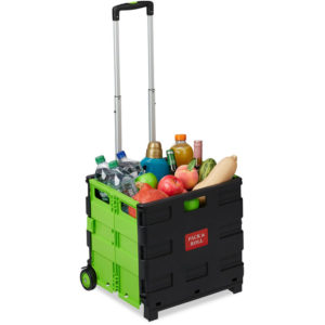 Set of 1 Relaxdays Folding Shopping Trolley, Telescopic Handle, 2 Rubber Wheels, Transport Cart, Aluminium, Green