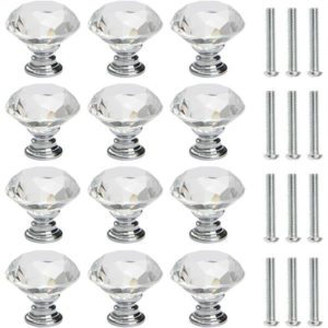 Set of 12 30mm Diamond Crystal Dresser Door Knob Door Knob with Screws Decorative Door Cabinet Drawer Chest Drawer Handle Silver