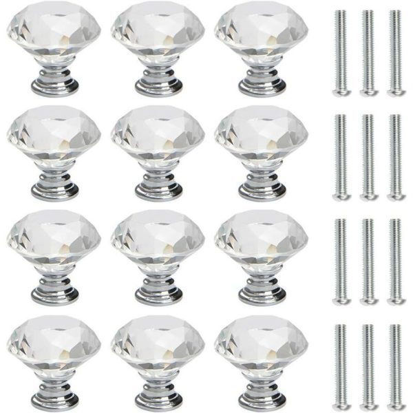 Set of 12 30mm Diamond Crystal Dresser Door Knob Door Knob with Screws Decorative Door Cabinet Drawer Chest Drawer Handle Silver