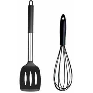 Set of 2 Kitchen Utensils, Heat Resistant Silicone Cooking Utensils with Stainless Steel Handle Shovel + Egg Beater