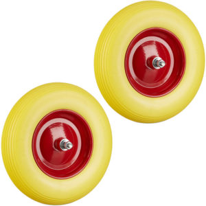Set of 2 Relaxdays Solid Rubber Wheelbarrow Tyres with Axle, 4.80 4.00-8, 100 kg Capacity, Flat-Free, Yellow/Red