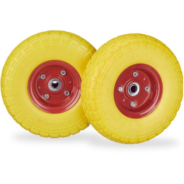 Set of 2 Relaxdays Wheelbarrow Tyres, Puncture-Proof Solid Rubber, 4.1/3.5-4, 16 mm Axle, Spare Wheel, Yellow/Red