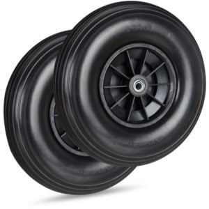 Set of 2 Relaxdays Wheelbarrow Wheels, 4.00-6, Solid Rubber, Plastic Rim, 3 Adaptors, Flatproof Tyre, 136 kg, Black