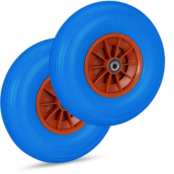 Set of 2 Relaxdays Wheelbarrow Wheels, 4.00-6, Solid Rubber, Plastic Rim, 3 Adaptors, Flatproof Tyre, 136 kg, Blue/Red