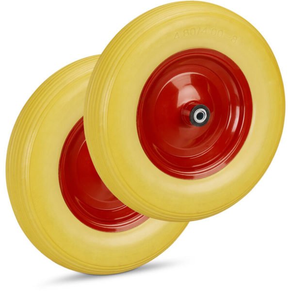 Set of 2 Relaxdays Wheelbarrow Wheels, 4.80 4.00-8 Solid Rubber, Steel Rim, Flat-Free Spare Tire, 100kg, Yellow/Red