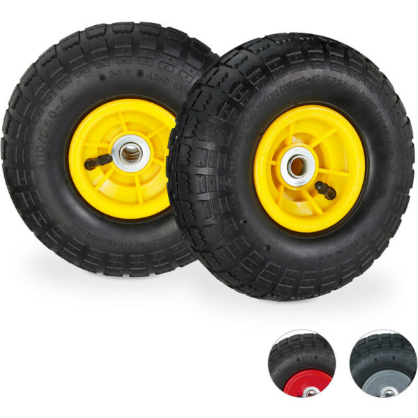 Set of 2 Wheelbarrow Tyres, 4.1/3.5-4, Pneumatic Spare Wheel, 16 mm Axle, Supports up to 136 kg, Black/Yellow - Relaxdays