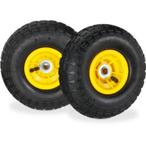 Set of 2 Wheelbarrow Tyres, 4.1/3.5-4, Pneumatic Spare Wheel, 16 mm Axle, Supports up to 136 kg, Black/Yellow - Relaxdays