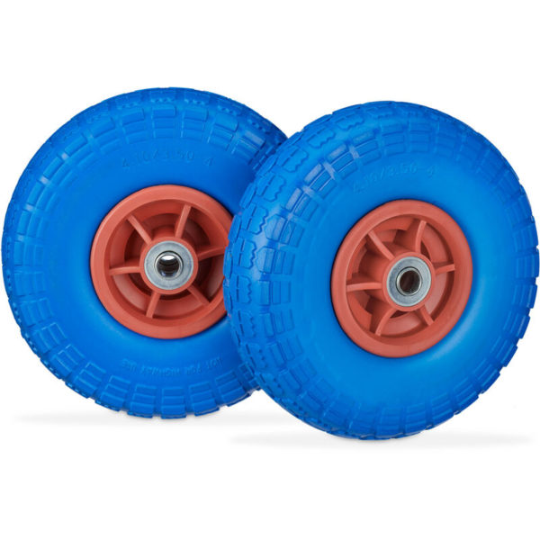 Set of 2 Wheelbarrow Tyres, Puncture-Proof Solid Rubber, 4.1/3.5-4, 16 mm Axle, Spare Wheel, Blue/Red - Relaxdays