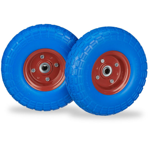 Set of 2 Wheelbarrow Tyres, Puncture-Proof Solid Rubber, 4.1/3.5-4, 16 mm Axle, Spare Wheel, Blue/Red - Relaxdays