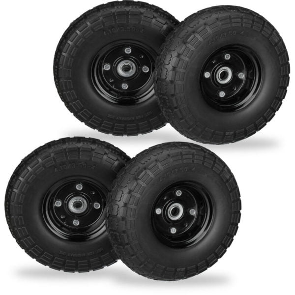 Set of 4 Relaxdays Wheelbarrow Tyres, Puncture-Proof Solid Rubber, 4.1/3.5-4, 16 mm Axle, Spare Wheel, Black