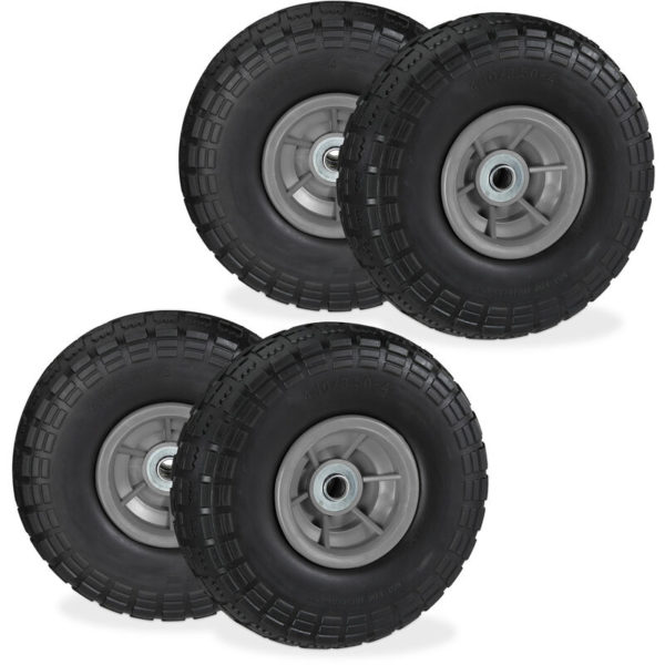 Set of 4 Relaxdays Wheelbarrow Tyres, Puncture-Proof Solid Rubber, 4.1/3.5-4, 16 mm Axle, Spare Wheel, Black/Grey