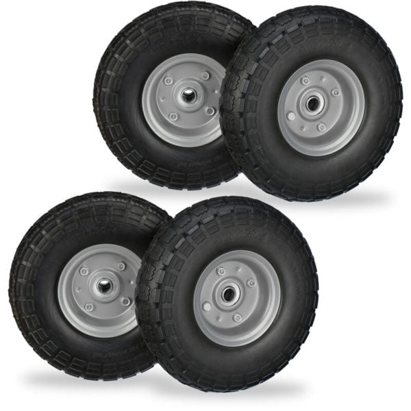 Set of 4 Relaxdays Wheelbarrow Tyres, Puncture-Proof Solid Rubber, 4.1/3.5-4, 16 mm Axle, Spare Wheel, Black/Grey