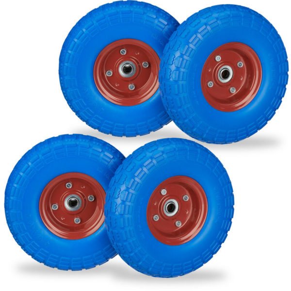 Set of 4 Relaxdays Wheelbarrow Tyres, Puncture-Proof Solid Rubber, 4.1/3.5-4, 16 mm Axle, Spare Wheel, Blue/Red