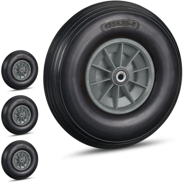 Set of 4 Relaxdays Wheelbarrow Wheels, 4.00-6, Solid Rubber, Plastic Rim, 3 Adaptors, Flatproof Tyre, 136 kg, Black/Grey