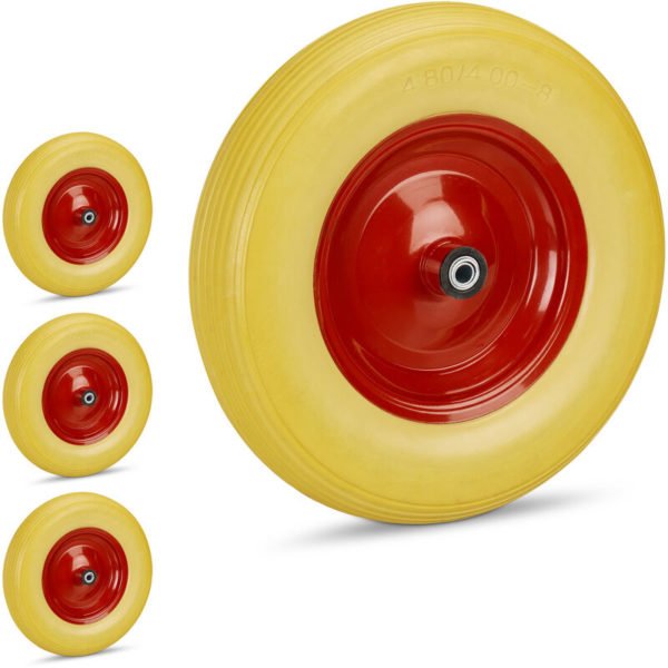 Set of 4 Relaxdays Wheelbarrow Wheels, 4.80 4.00-8 Solid Rubber, Steel Rim, Flat-Free Spare Tire, 100kg, Yellow/Red