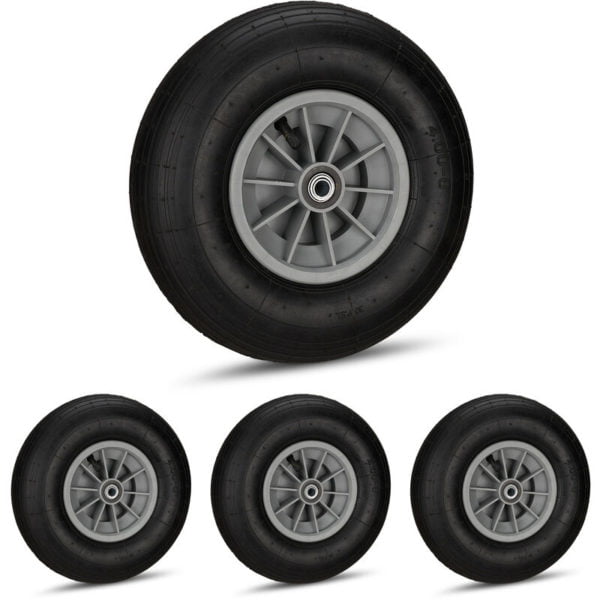 Set of 4 Wheelbarrow Tyres, 4.00-6, Plastic Rim, Pneumatic, 3 Adaptors Each, Spare Wheel, Black-Grey - Relaxdays