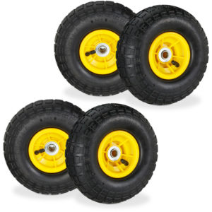 Set of 4 Wheelbarrow Tyres, 4.1/3.5-4, Pneumatic Spare Wheel, 16 mm Axle, Supports up to 136 kg, Black/Yellow - Relaxdays
