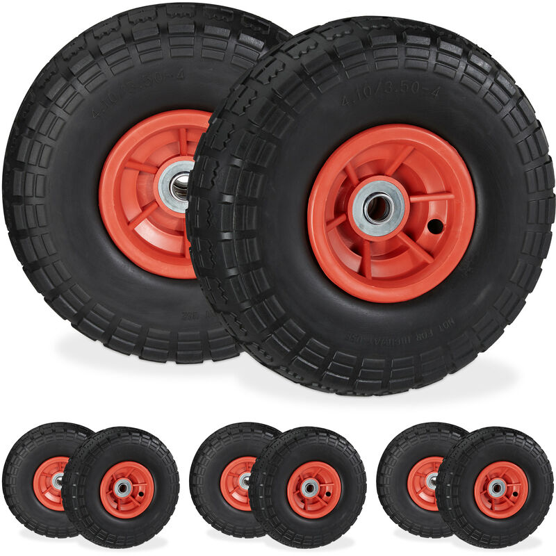 Set of 8 Relaxdays Wheelbarrow Tyres, Puncture-Proof Solid Rubber, 4.1/3.5-4, 16 mm Axle, Spare Wheel, Black/Red