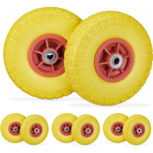 Set of 8 Relaxdays Wheelbarrow Tyres, Puncture-Proof Solid Rubber, 4.1/3.5-4, 16 mm Axle, Spare Wheel, Yellow/Red