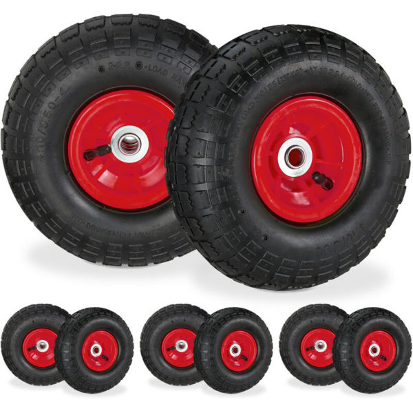 Set of 8 Wheelbarrow Tyres, 4.1/3.5-4, Pneumatic Spare Wheel, 16 mm Axle, Supports up to 136 kg, Black/Red - Relaxdays