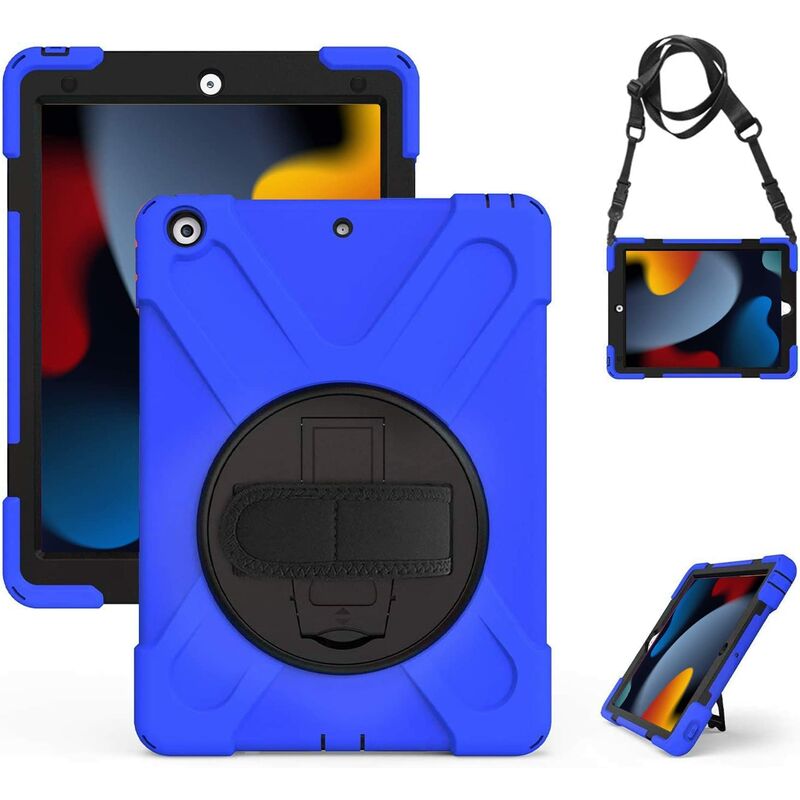 Shockproof Case for iPad 10.2", iPad 9th/8th/7th Generation, Rugged Case with Stylus Holder, Swivel Stand, Shoulder Strap and Wrist Strap for iPad