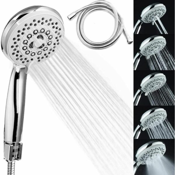 Shower Head + 2M Shower Hose, Hand Shower Shower Head Anti Limescale Universal Accessories 5 Modes High Pressure Water Saving, ABS+Stainless Steel