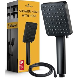 Shower Head with 1.5m Hose, Black Square High Pressure Shower Head Universal Adjustable Replacement Powerful Shower Head, 6 Modes Bathroom Shower