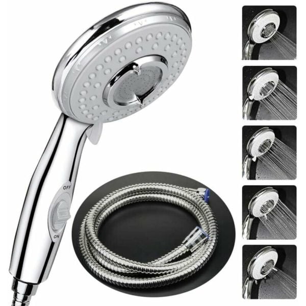 Shower head + 2M flexible shower hose, shower head with hose, 5 water saving modes and switch button, high pressure stainless steel hand shower