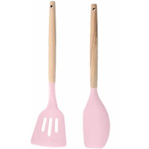 Silicone Cooking Utensils, 2-Piece Cooking Tool Set, Easy to Clean Wooden Kitchen Utensils Shovel + Scraper (Pink)