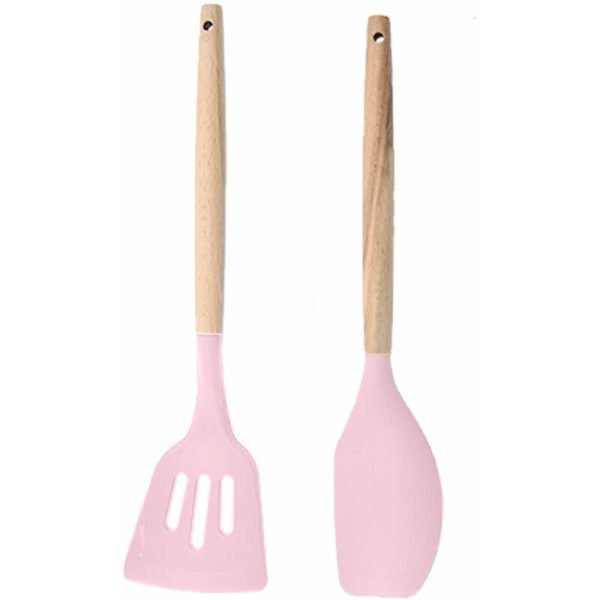 Silicone Cooking Utensils, 2-Piece Cooking Tool Set, Easy to Clean Wooden Kitchen Utensils Shovel + Scraper (Pink)