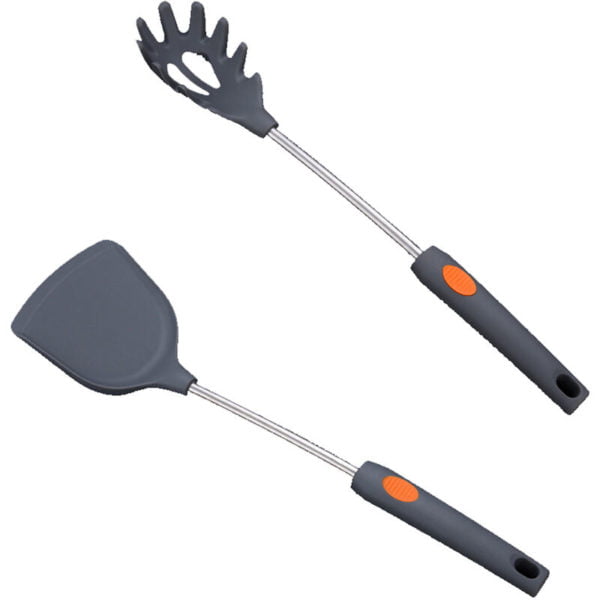 Silicone Cooking Utensils Set, 2Pcs Kitchen Must Haves Stainless Steel Handle Cooking Tools Gray shovel + gray noodles