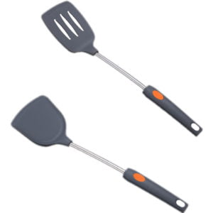 Silicone Cooking Utensils Set, 2Pcs Kitchen Must Haves Stainless Steel Handle Cooking Tools Grey dense shovel + grey leaky shovel
